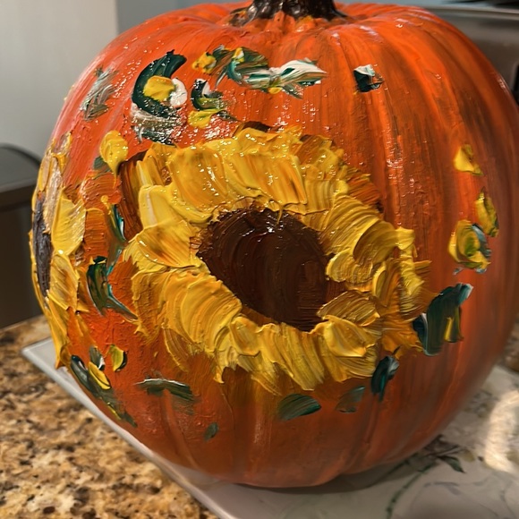 HAND PAINTED SUNFLOWERS ON A LARGE PLASTIC PUMPKIN - Picture 3 of 4